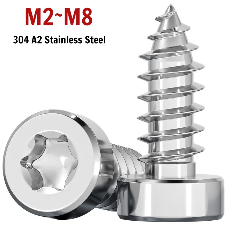 M2 M3 M4-M8 304 Stainless Steel Low Profile Torx Head Self-Tapping Wood Screws Thin Cylinder Sharp Point Fasteners for Furniture