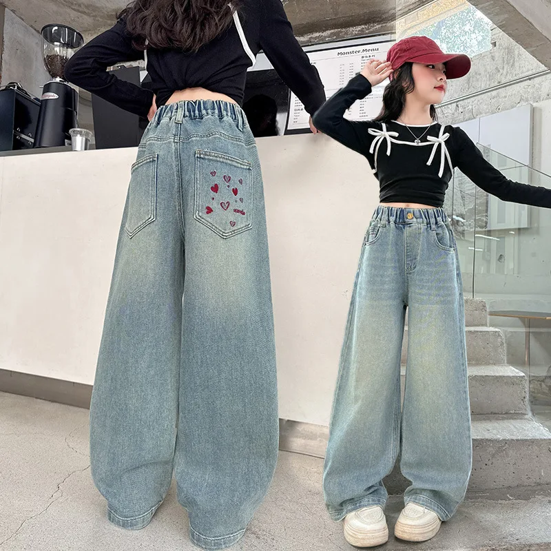 

New Autumn Spring Kids Loose Straight Jeans with Red Heart Pocket for Teenage Girls Fashion Harajuku Denim Pants Child Trousers