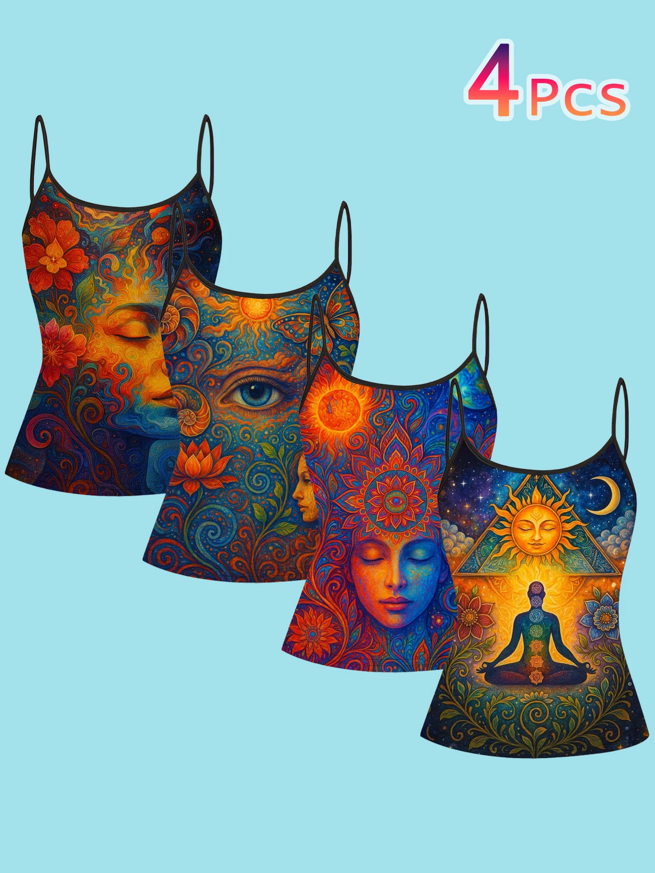 4-Pack Women's Hippie Spiritual Print Camisole Tops with All-Seeing Eye, Sun, Moon, Chakra, and Meditation Images, Slim-Fit Spaghetti Strap Inner Wear Tops