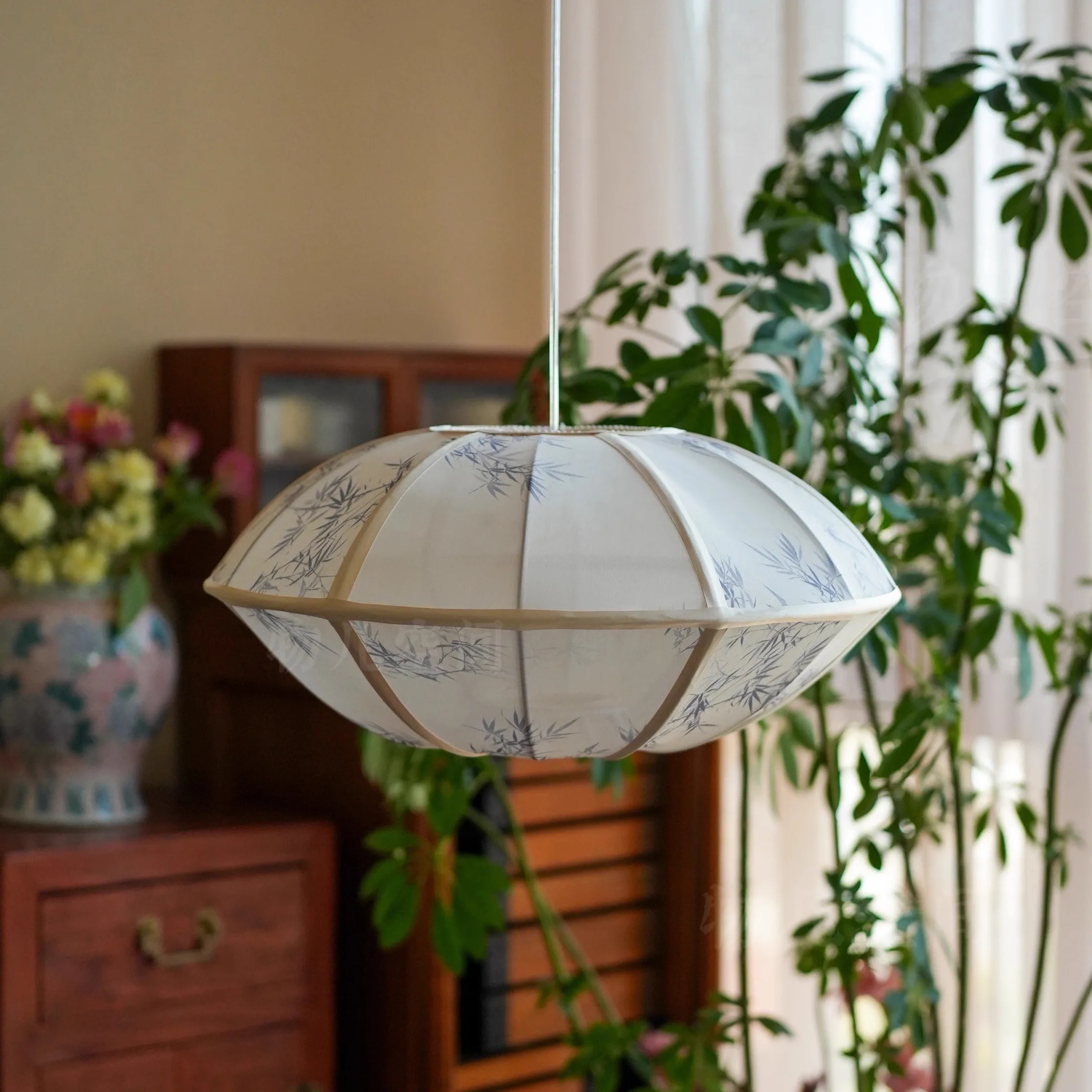 Chinese style sky silk bamboo pattern classical flying saucer pendant lamp aesthetic fabric study bedroom tea room pendant lamp