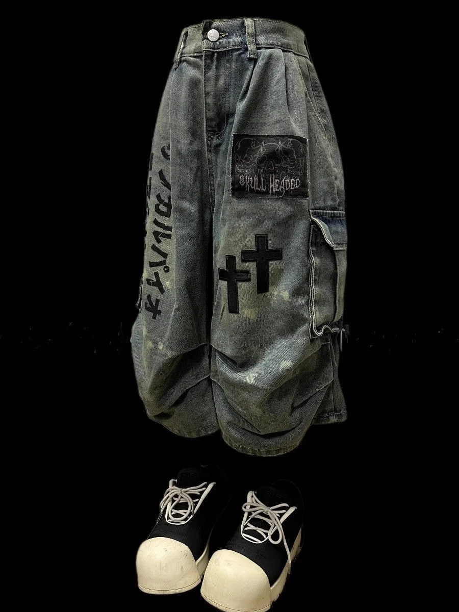 New Women Calf‑Length Denim Jorts Cyber Punk Grunge Cross Print Distressed Washed Y2K Vintage Streetwear Summer Subculture Jeans