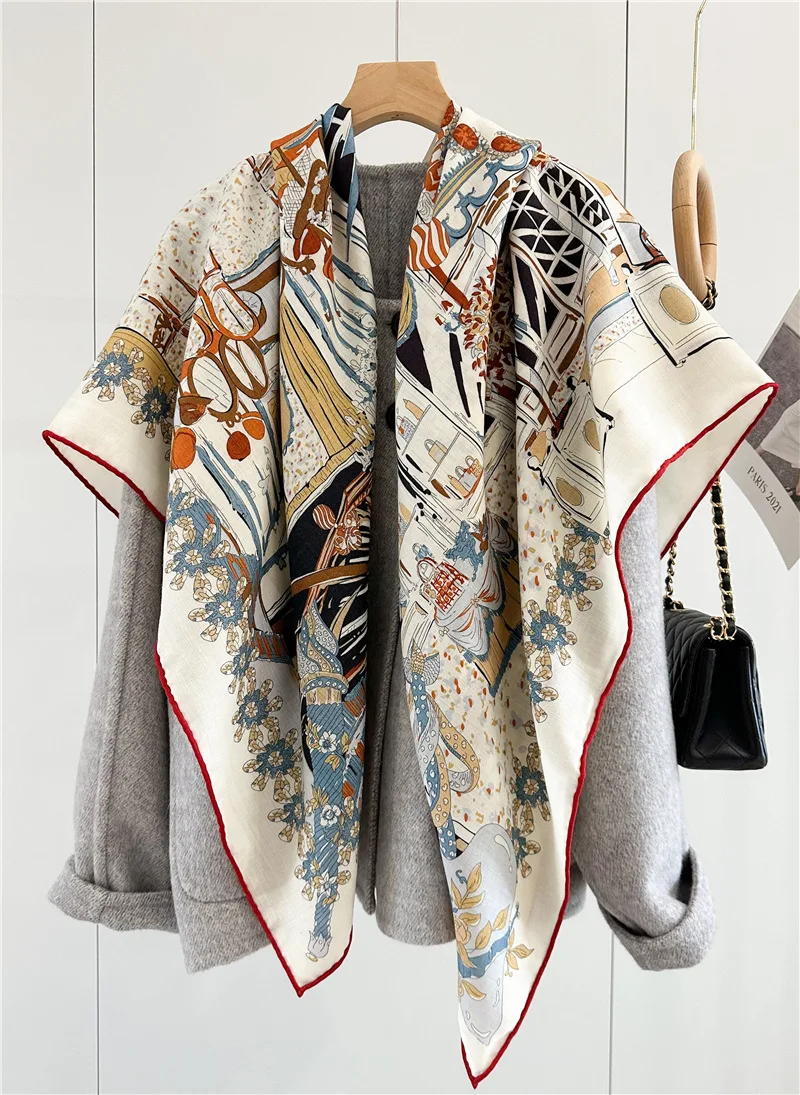 Double Faced Print Winter Warm Wool Pashmina Handrolled Edge Large Scarves Shawls Bandanas Hijab Woman Big Silk Stole Cape