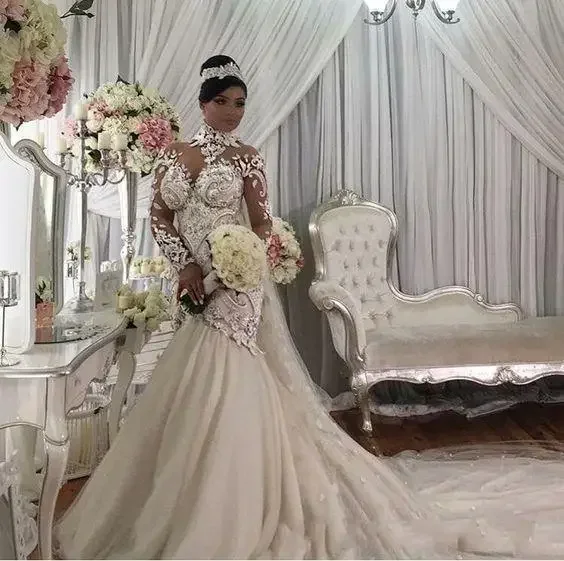 

Customized Plus Size Illusion Long Sleeve Mermaid Wedding Dresses Nigeria High Neck Full Dubai Arabic Castle Wedding Gown