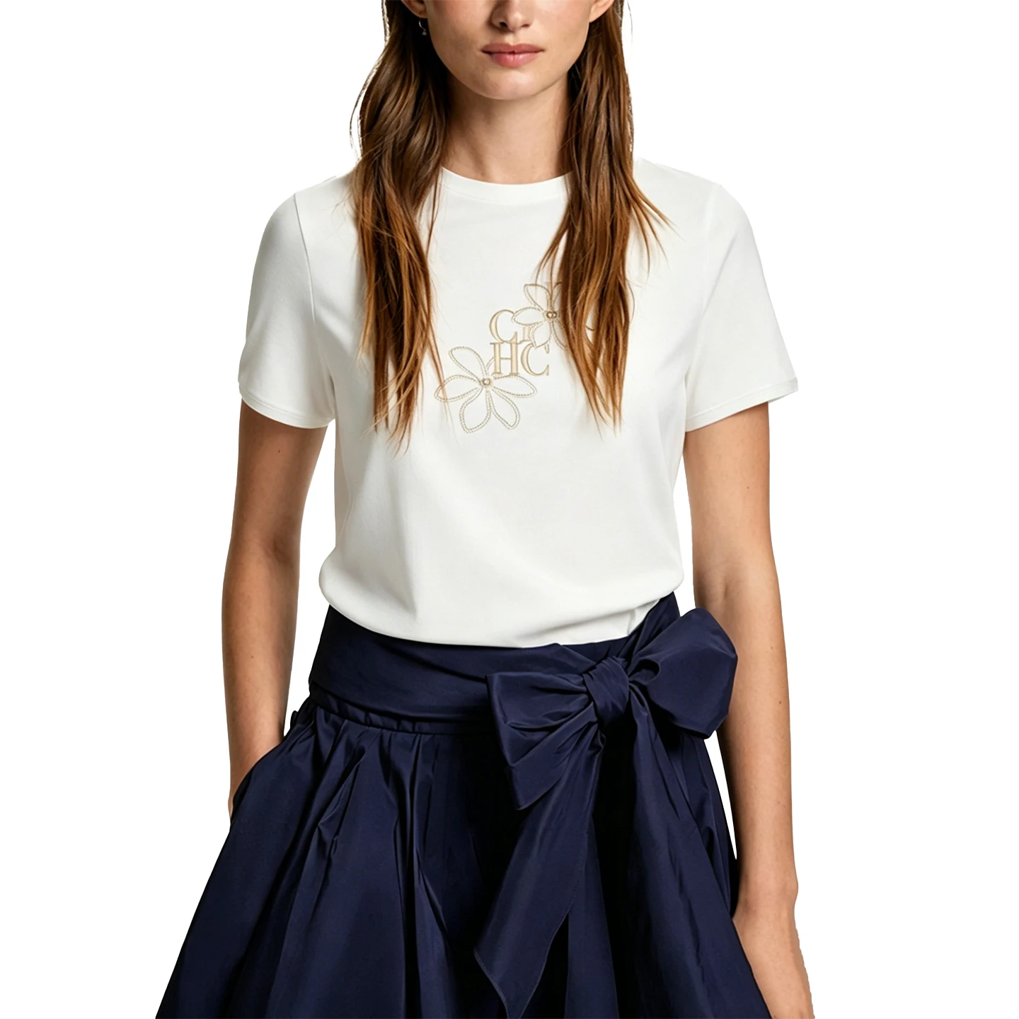 CH Damen-T-Shirt mit Rundhalsausschnitt, weiß, mit Blumenstickerei und Buchstaben-Aufdruck, weiches, lässiges Kurzarm-T-Shirt – Detail 5