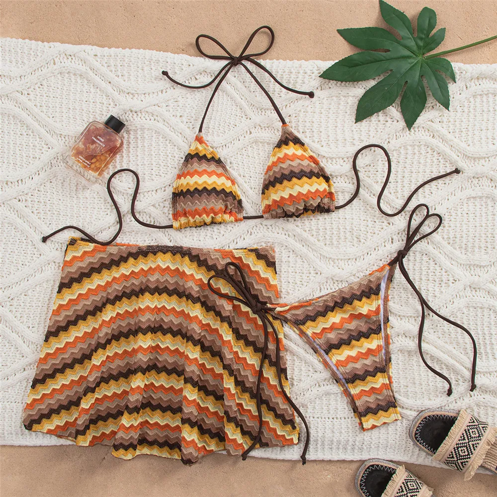 

Color Striped Knitted Swimwear Halter String Triangle Bikinis Sets 3 Pieces Mini Skirts Micro Thong Sexy Swimsuit Women 2026
