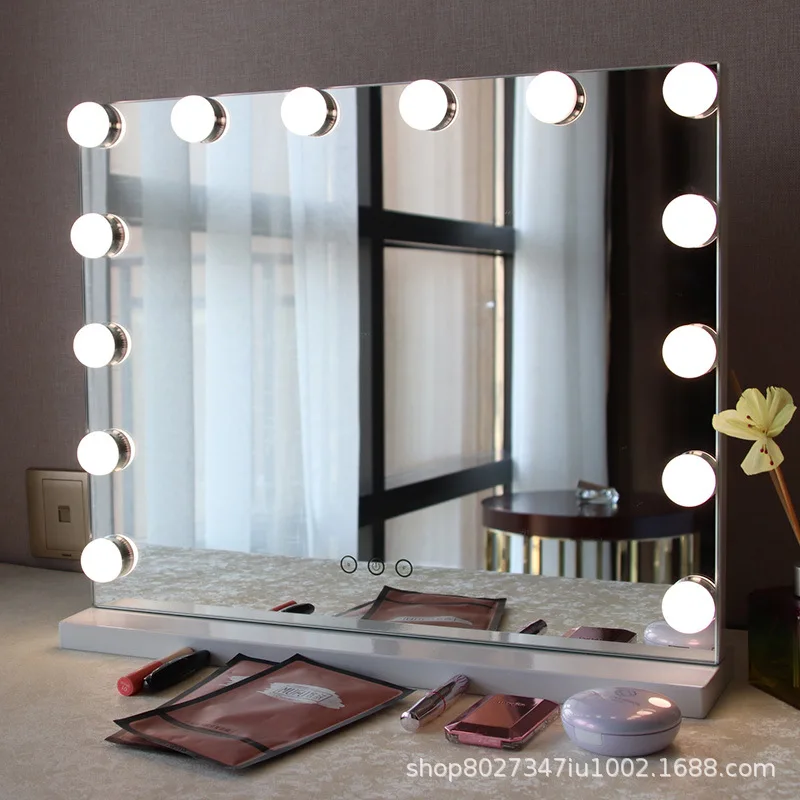 European Square Mirror Hollywood Makeup Mirror with Light Bulb Desktop LED Makeup Mirror Intelligent Tri Color Fill Light Beauty