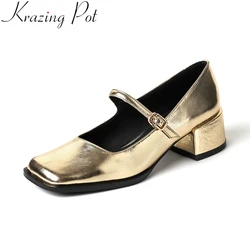 Krazing Pot Cow Leather Med Heels Shallow Spring Shoes Buckle Strap Sweet Concise Solid Elegant Office Lady Party Women Pumps