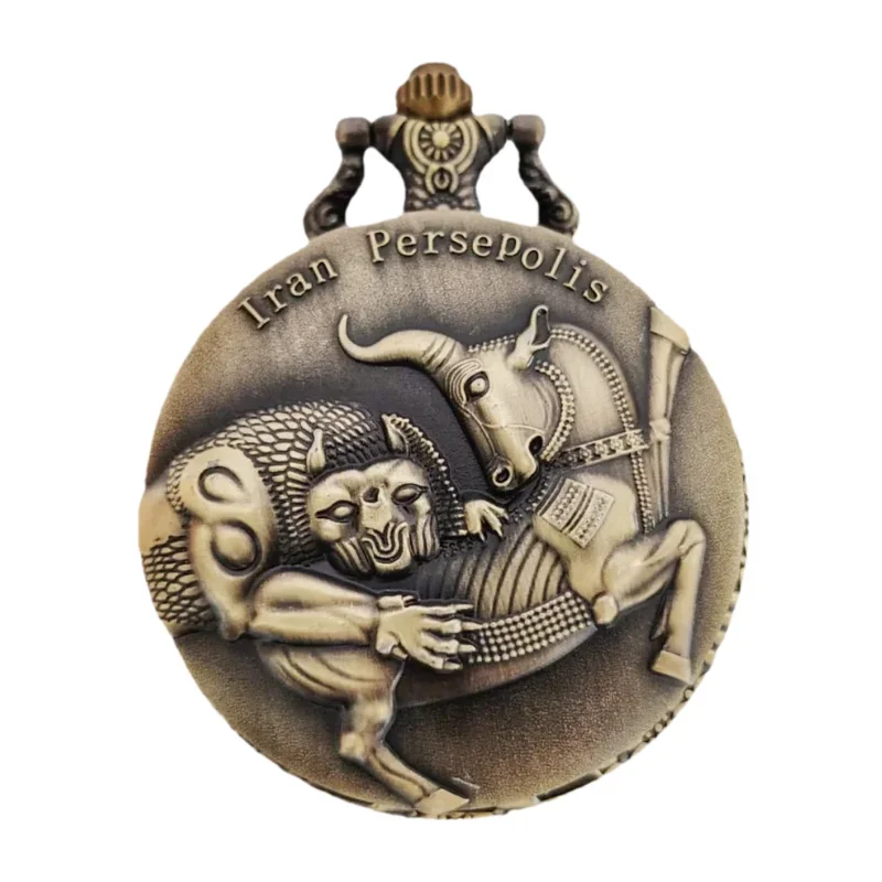 

Vintage Bronze Steampunk Lion And Bull Battle Carved Quartz Pocket Watch Necklace Clock Men And Women's Gift