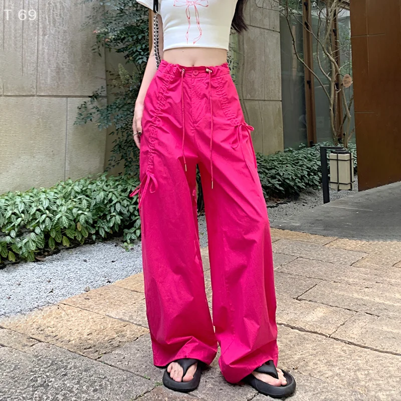 American Street เอวสูงแฟชั่นและสบายๆหวานเอวสูง Drawstring หลวมอเมริกันกางเกงทํางาน