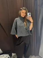 Women's Turtleneck Knit Sweater Flared Sleeve Loose Fit Soft  Pullover Casual Chic Cropped Sweaters Daily Fashion Knitwear Top - Image 2