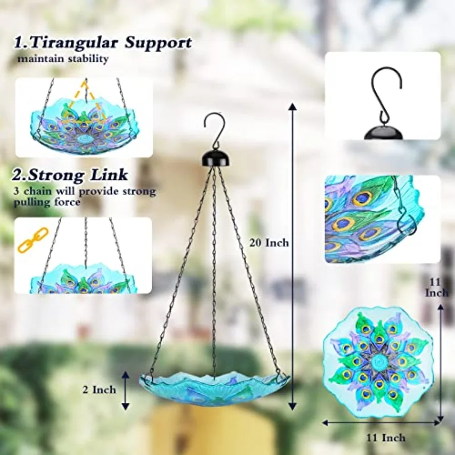 【Spot goods】Hanging Bird Bath - Bird Baths for Outdoors Peacock Glass BirdBath Outdoor Birdfeeders for Garden and Patio Decor view 3