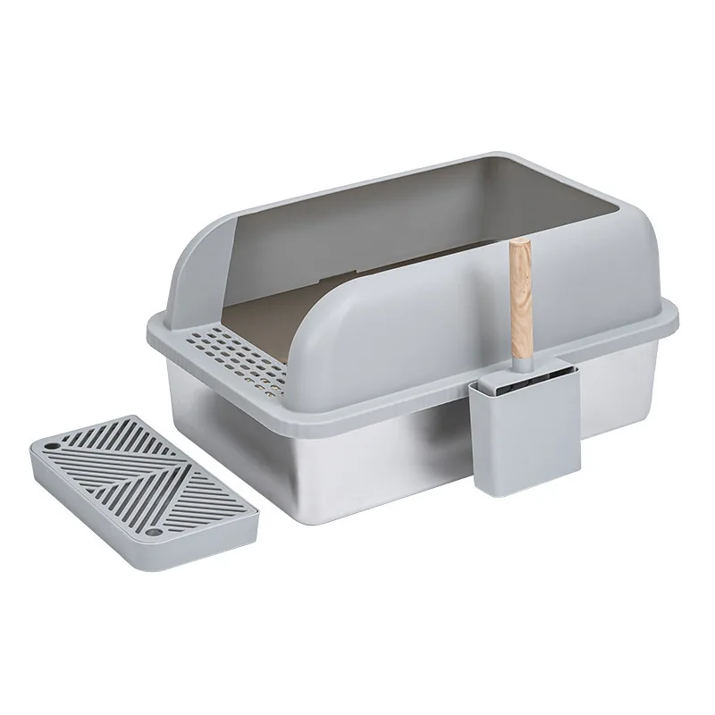 

New Design Easy Clean Semi-enclosed Stainless Steel Cat Litter Box Large Cat Toilet Splash-proof Bedpan with Plastic Scoop