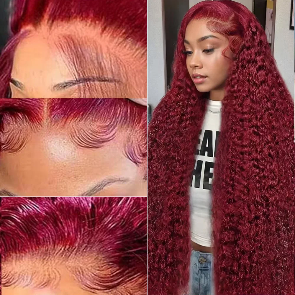 26 36 дюймов 99J Бордовый Глубокая волна 13x6 Парик из натуральных волос на кружеве 13x4 HD Парики из натуральных волос на кружеве Водные вьющиеся бразильские волосы Remy для женщин