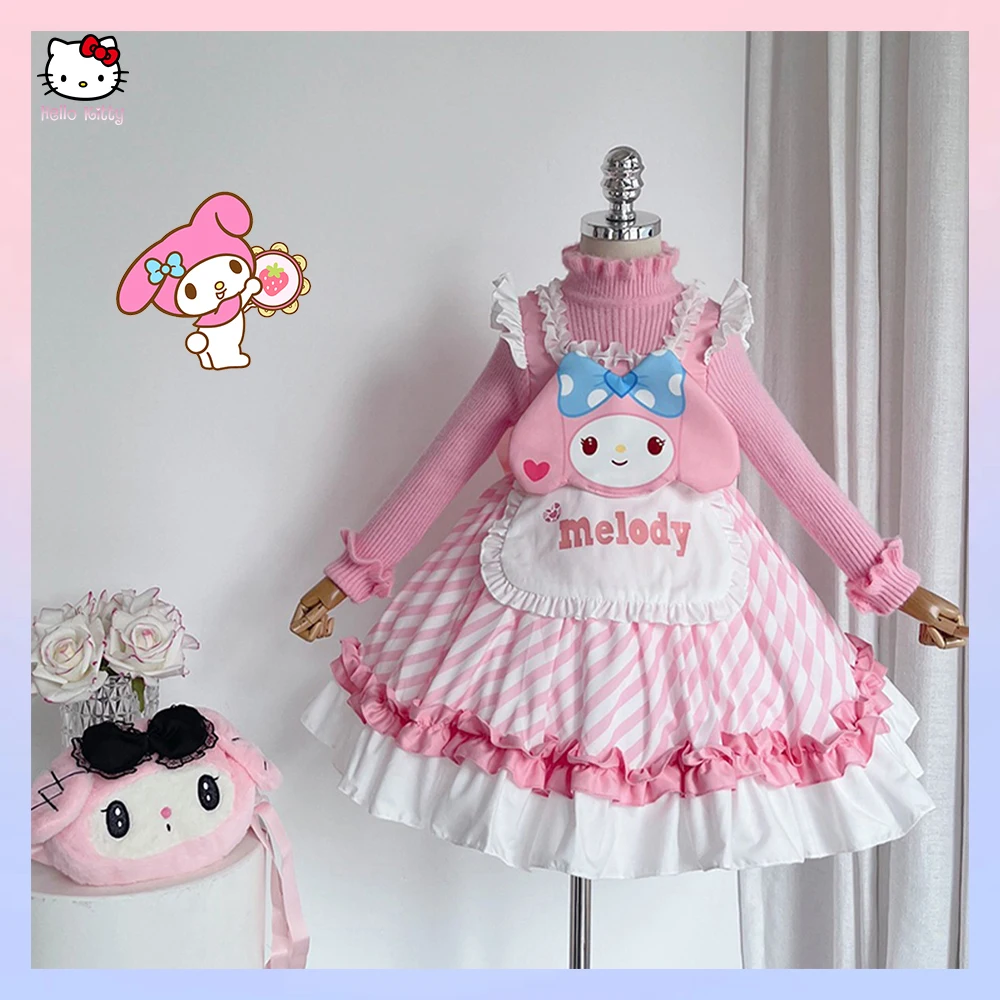 

Sanrioed Anime Kid Girl Dress Plush Kuromi Melody Lolita Kawaii Sweater Skirt Thickening Autumn Winter Princess Role Play Dress