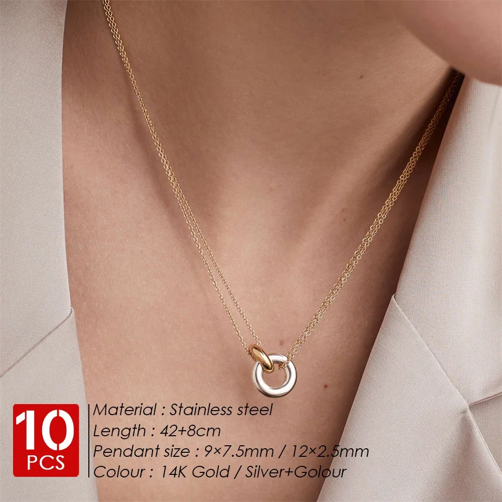 women 10PCS Fashionable Stainless Steel Two Color Circle Glossy Pendant  Women Necklace Party Favor Jewelry wholesale Direct