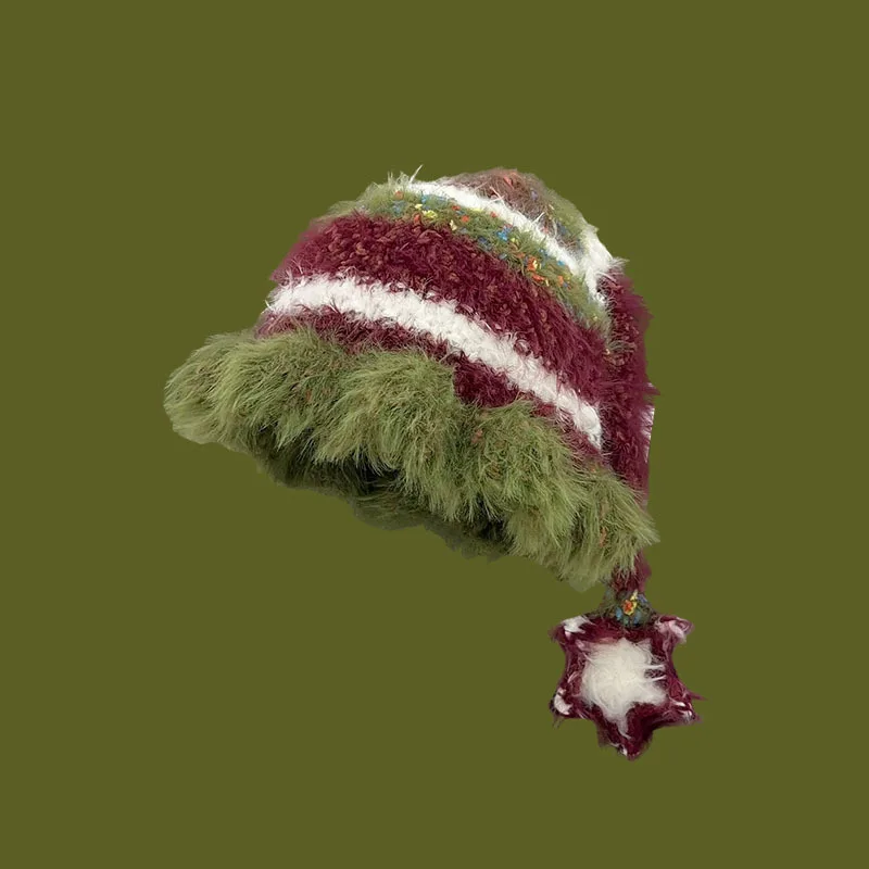 New Fashion Contrasting Color Striped Plush Knitted Bucket Hats Women Winter Warm Versatile Personality Star Long Tail Basin Cap