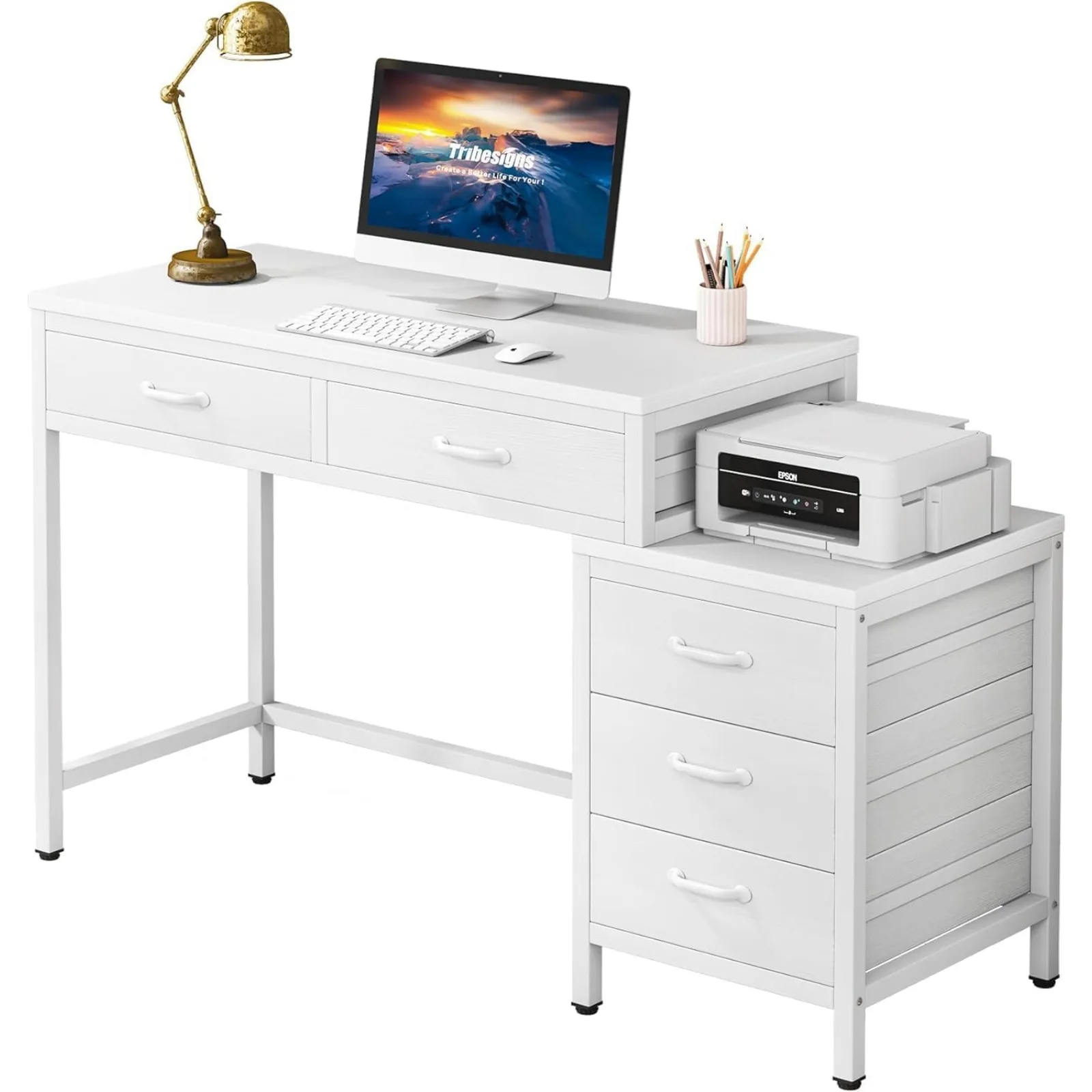 US Computer Desk with 5 Drawers, Home Office Desks with Reversible Drawer Cabinet Printer Stand, Industrial PC Desk