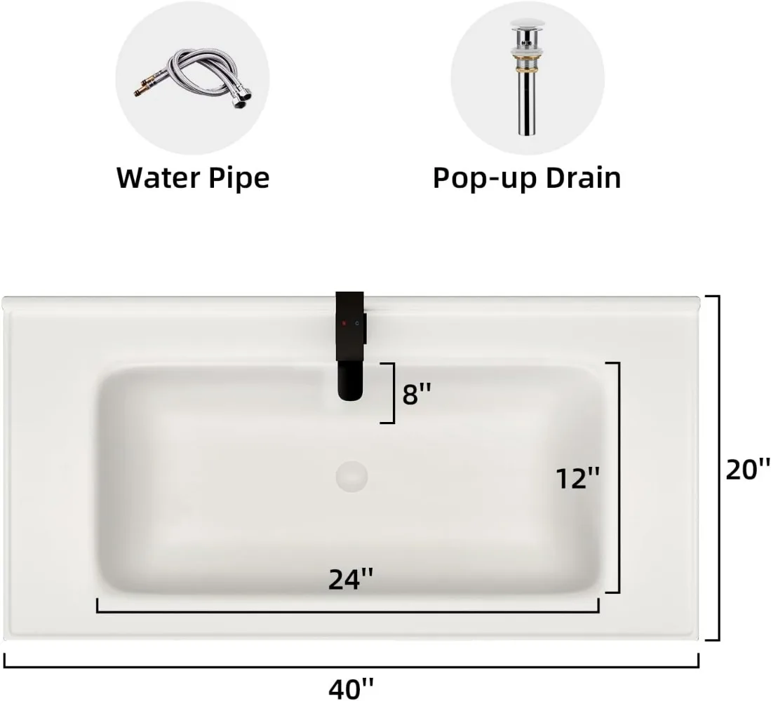 Bathroom Vanity with Ceramic Sink, 40'' Wall Mounted Modern Floating Cabinet with Faucet, Pop-up Drain, P-Trap(Walnut)