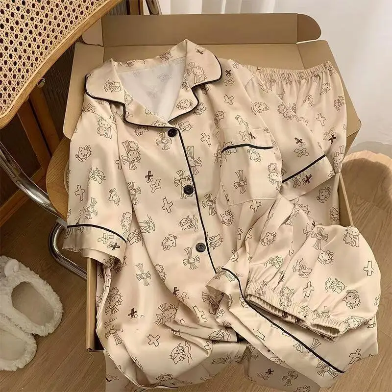 Hello Kitty Female Summer Pajamas Popular Girls Spring Autumn Short-Sleeved Shorts Three-Piece Set Casual Cartoon Home Clothes view 4