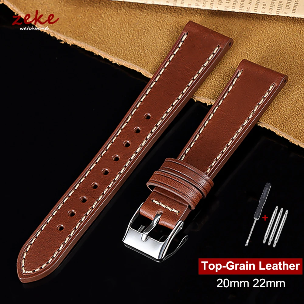 Vintage-Uhrenarmband aus braunem Vollnarbenleder, 20 mm, 22 mm, handgefertigt, genähtes Rindsleder-Uhrenarmband für Herren und Damen, weiches Armband mit Dornschließe