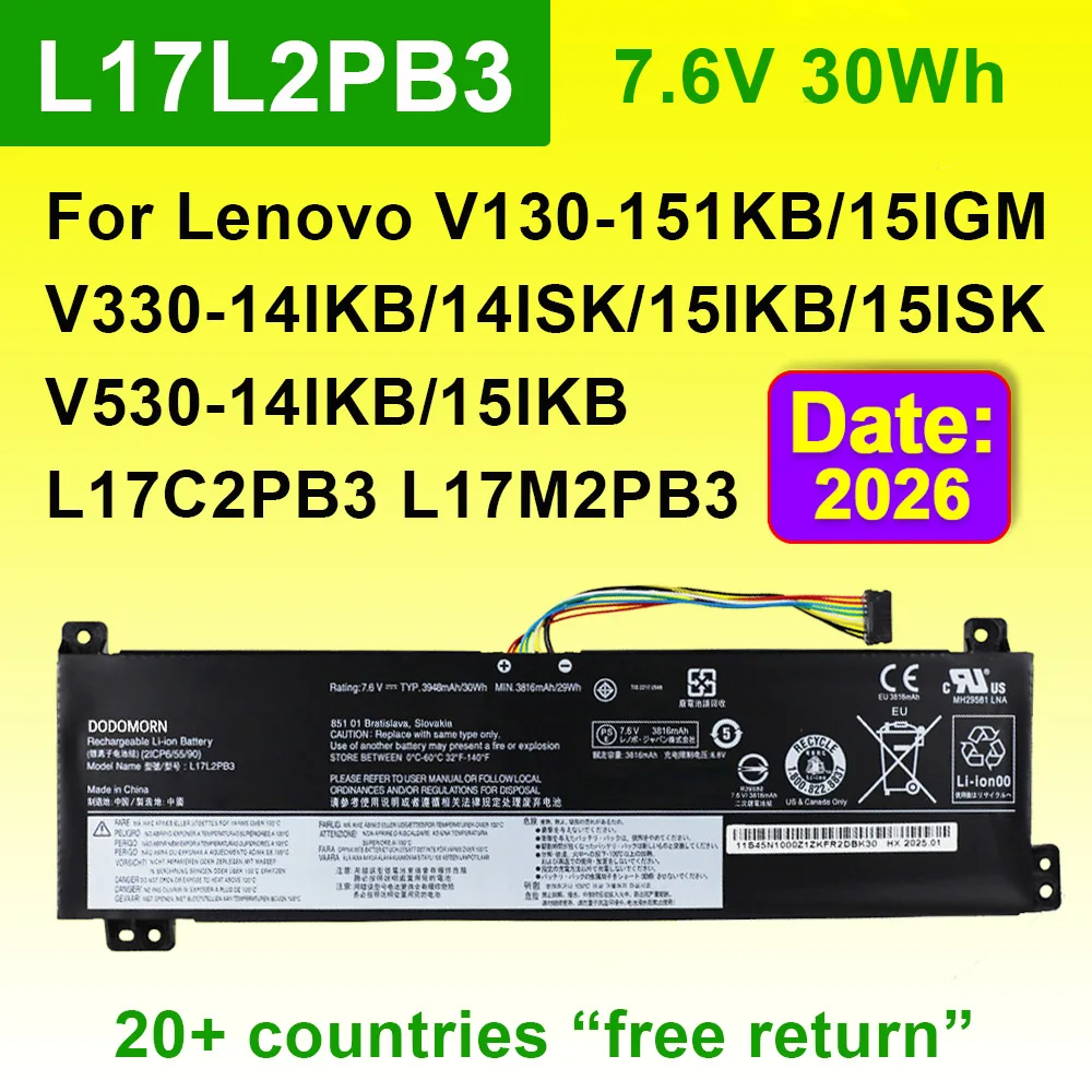 7.6V 30Wh For Lenovo IdeaPad V530/V330-15IKB 14IKB 15ISK 14ISK V130-15IKB 15IGM Series L17L2PB3 L17M2PB3 L17C2PB3 Laptop Battery