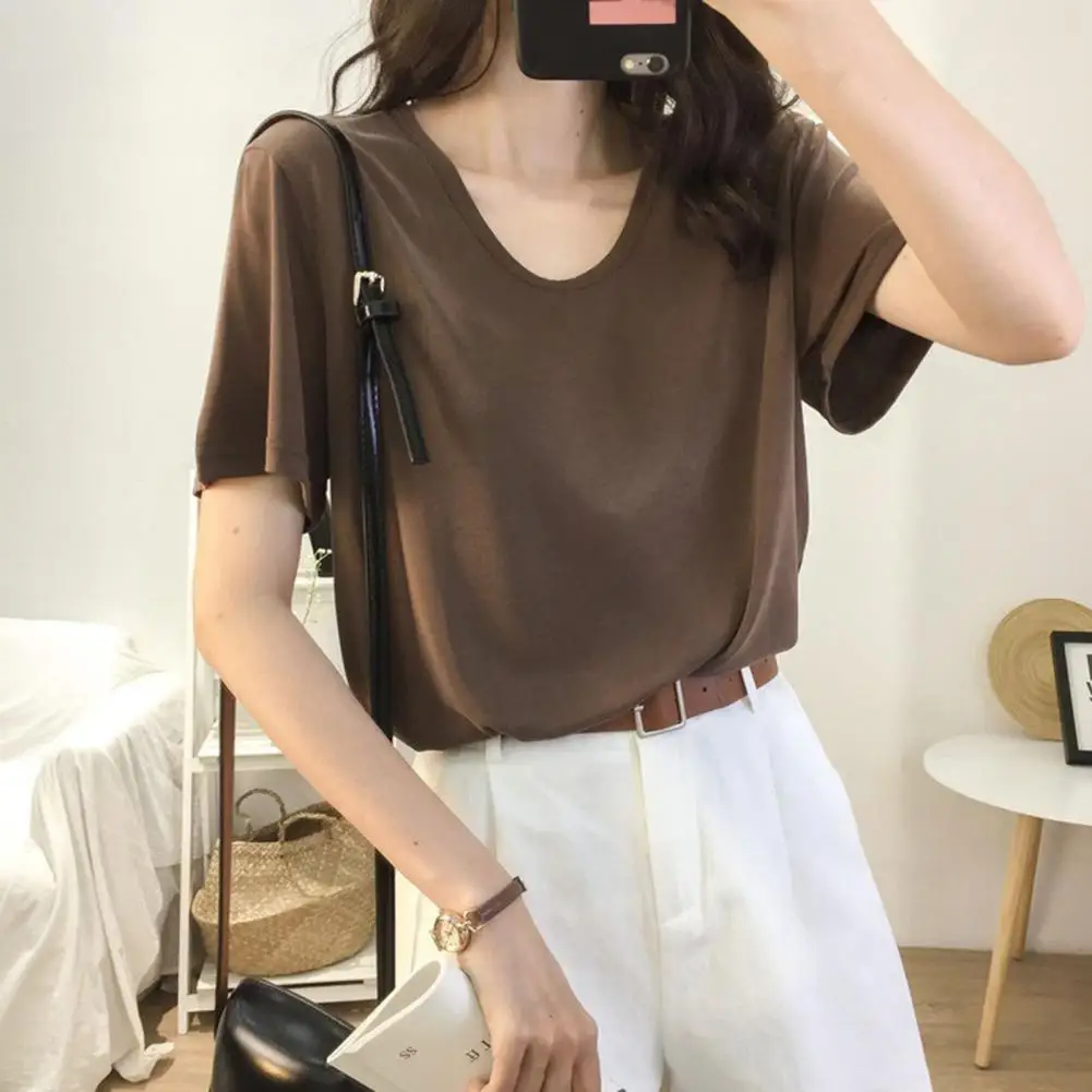 Comfortable Polyester Blouse Stylish Women's V-neck T-shirt Collection Loose Fit Tops for Summer Solid Color Tees with for Daily