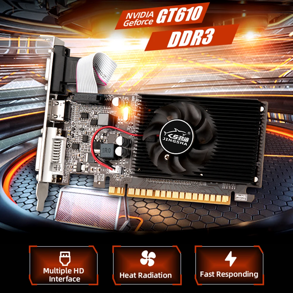 GT610 Display Card 810MHZ DDR3 1GB Graphics Video Card HD VGA DVI Interface Replacement Accessories for Computer Desktop Game