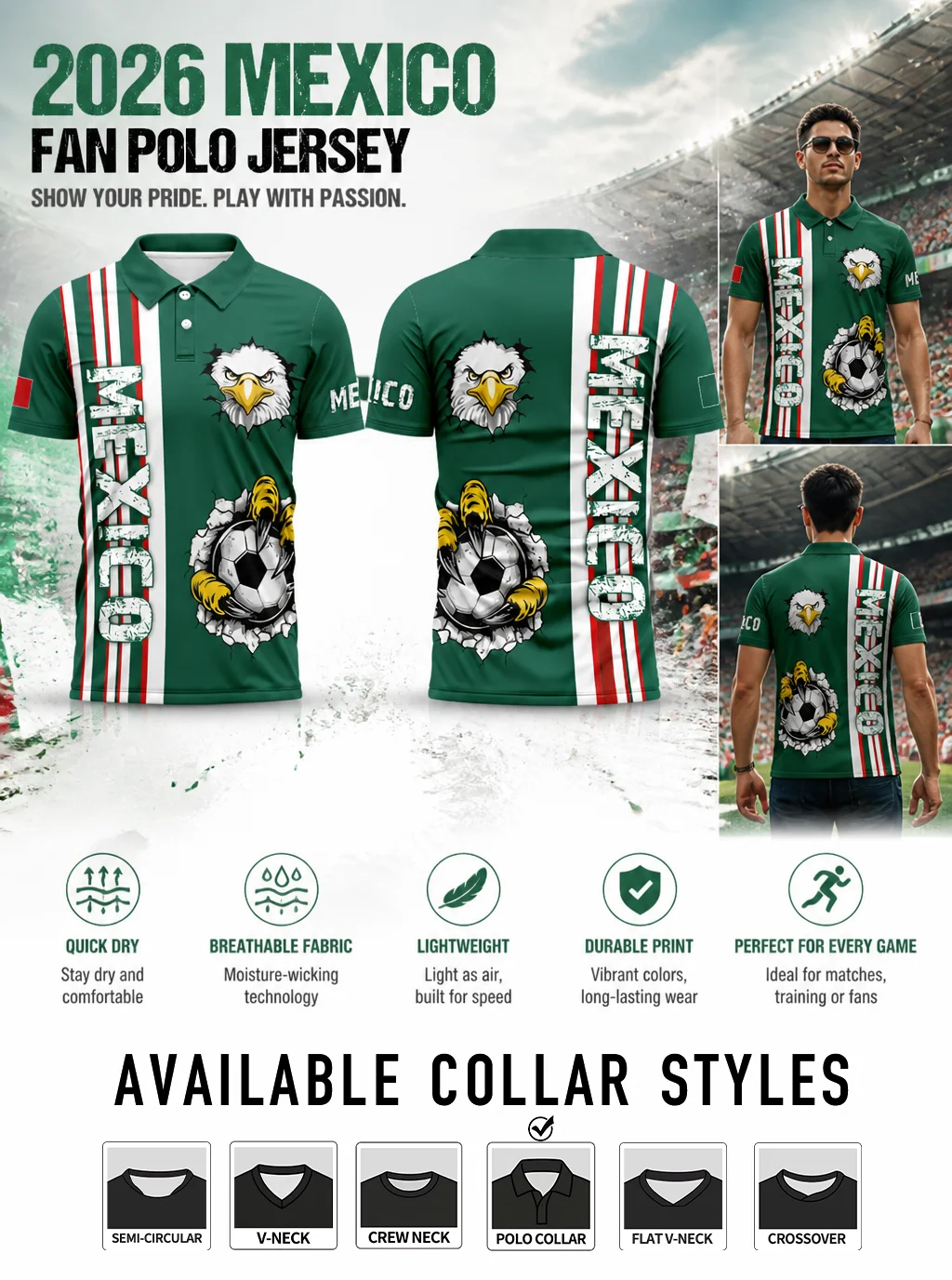 Premium sports polo top with six interchangeable collar styles and vivid long‑lasting prints