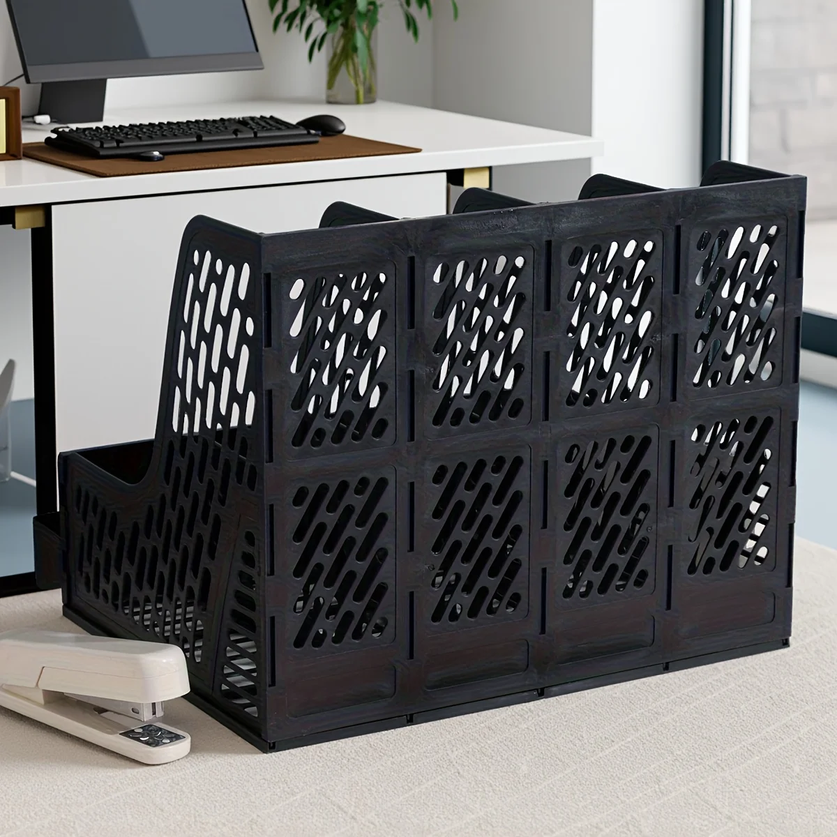 Magazine File Holder Rack/Vertical Desktop File Organizer - Plastic Desk Organizer for Files, Folders, Books - 4 Compartment
