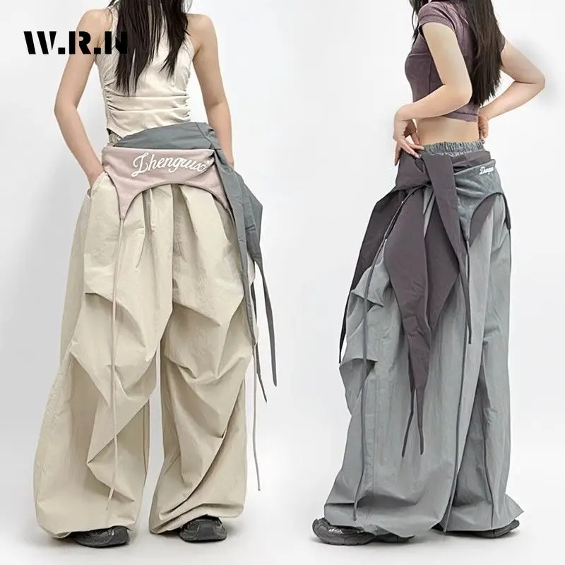 

American Retro Casual Overalls High Street Loose Wide Leg Pants Women Hip-hop Y2k Cargo Grunge Patchwork Oversized Trousers