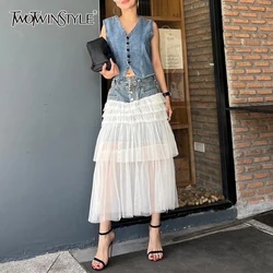 TWOTWINSTYLE Colorblock Spliced Fold Designer Skirt For Women High Waist Packetwork Mesh Temperament Skirts Female Fashion New