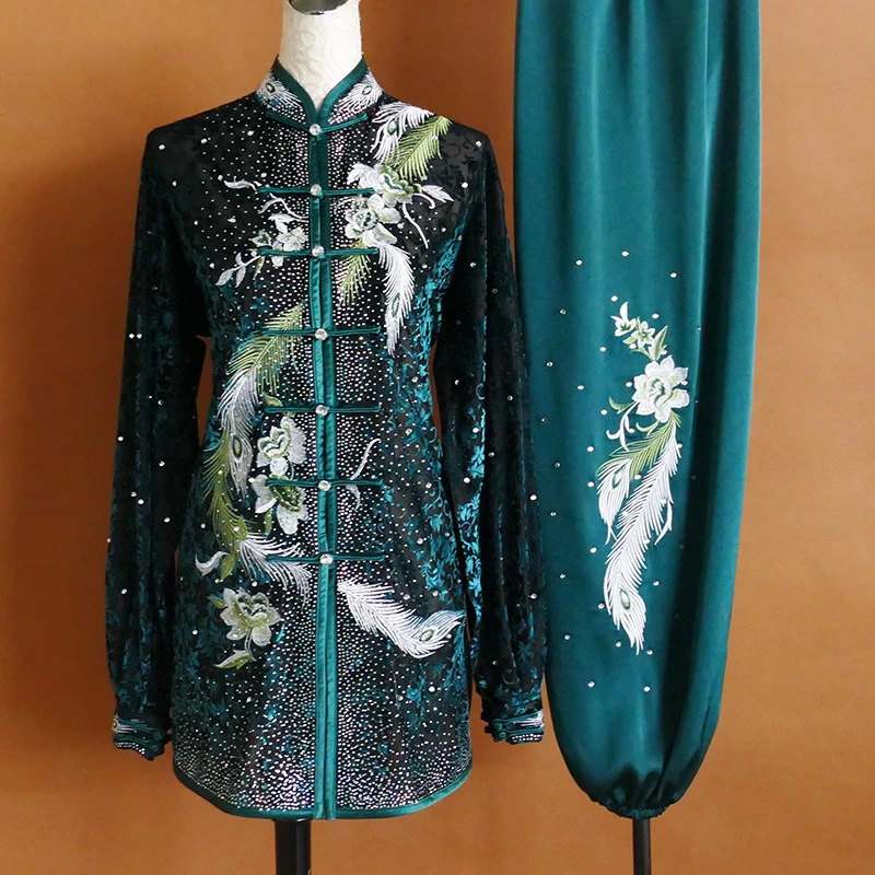 New Embroidered Floral Tai Chi Uniform Men Women Competition Performance Suit Rhinestone Baduanjin Team Costume Kids Custom