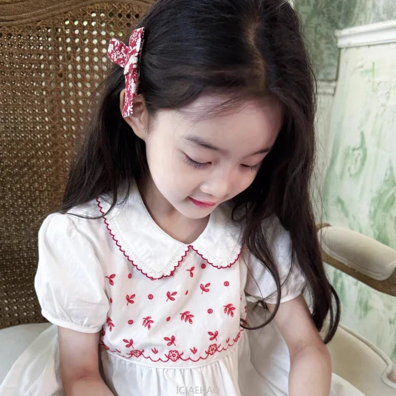 

2025 Children White High Waist Red Girls Short Sleeve Peter Pan Dress Simple Casual Dresses Clothes Embroidery Vintage Costume