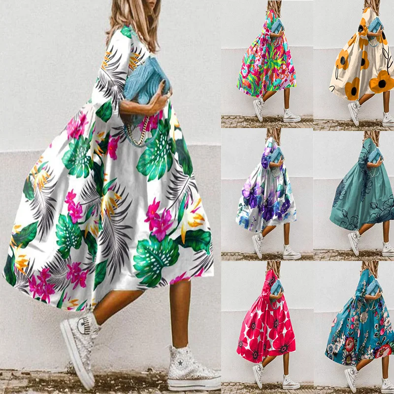 

Summer Dresses For Women Fashion Floral Print Lady Short Sleeve Round Neck Autumn New Loose Color Printed Vestido