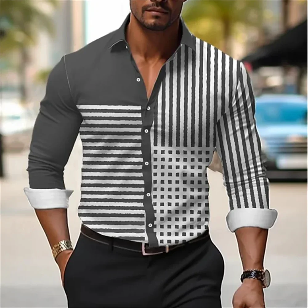 Men's New Fashion Striped 3D Printed Long-sleeved Lapel Simple Business Shirt Hawaiian Vacation Outdoor Street Color Block Top