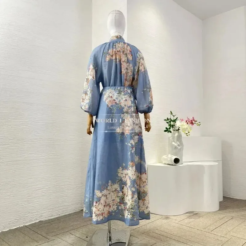 

High Quality Violet Purple Position Print Long Sleeve Blouse Tops and Midi Skirt Set 2025 Ramie Outfit