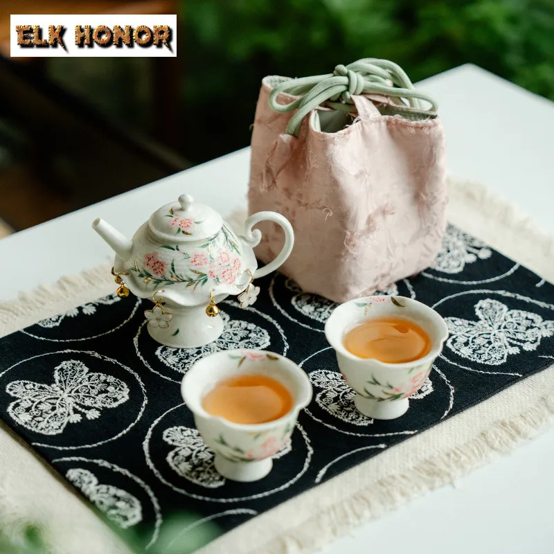 

Hand-painted Peach Blossom Travel Tea Set Kit Retro 1 Pot 2 Cups Tea Brewing Organizer Portable Outdoor Stock Bags Accessories