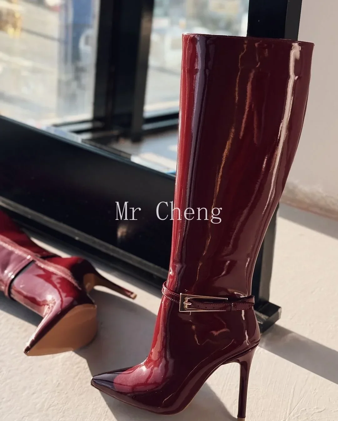 

Burgundy Knee High Women Boots Thin High Heel Sexy Pointed Toe Strap Decor Solid 2024 Fashion Women Boots Winter Autumn Slip On