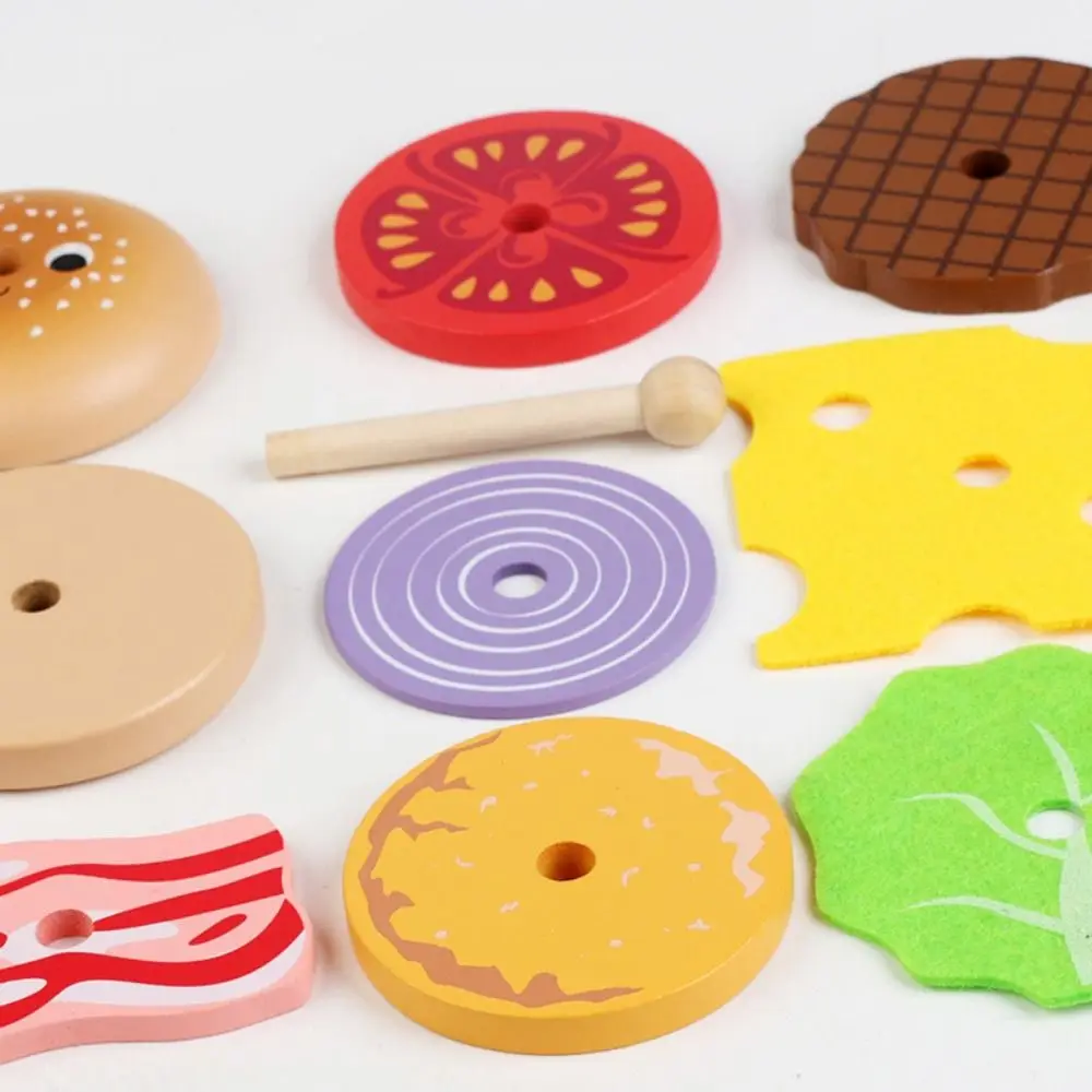 Casa de jogo de madeira hambúrguer brinquedos empilhamento jogo hambúrguer sanduíche fingir jogar cozinha comida brinquedos características interativas