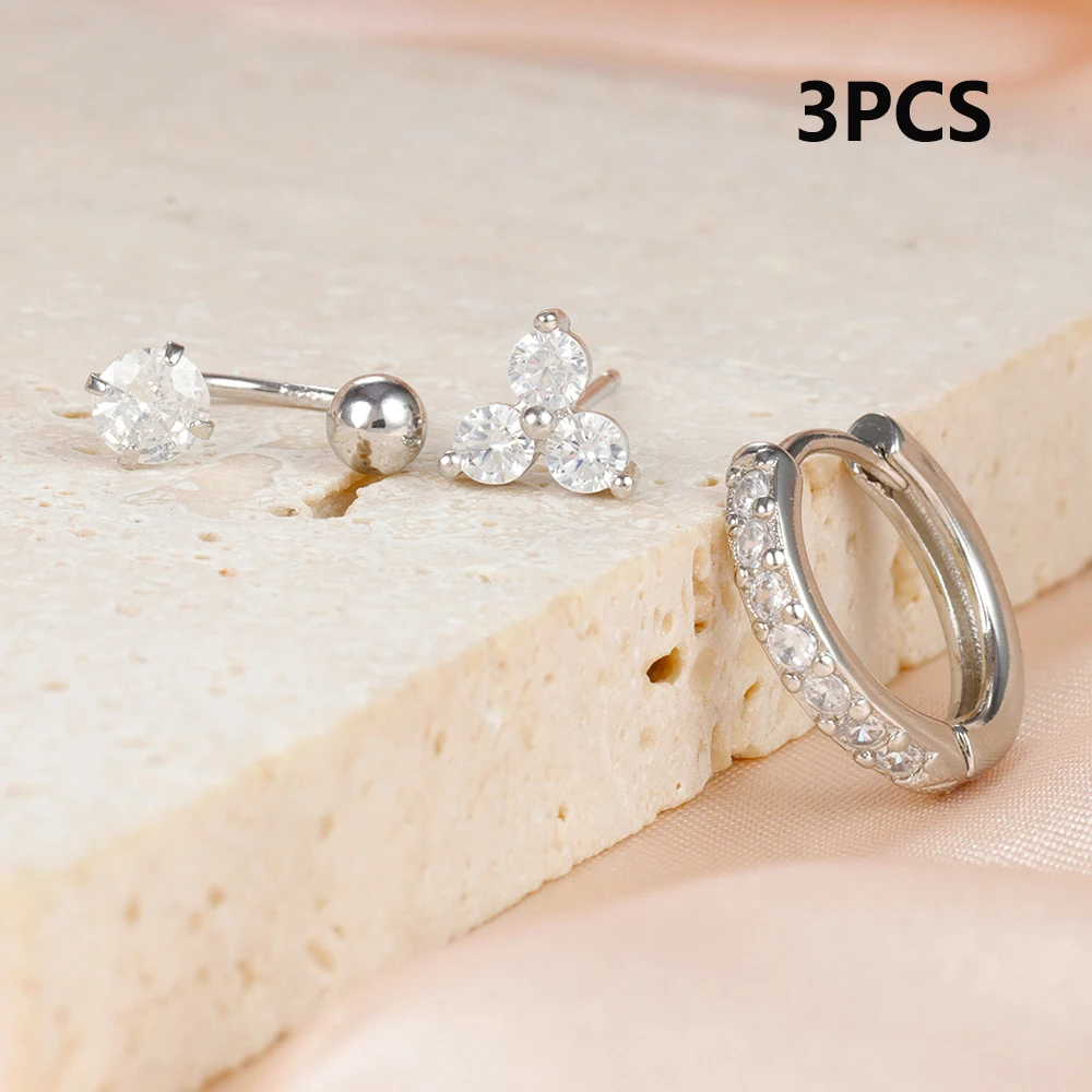 3PCS/Set Gold Color Stainless Stee Tragus Helix Stud Earrings for Women Cartilage Piercing Zircon Hoop Earring Piercing Jewelry