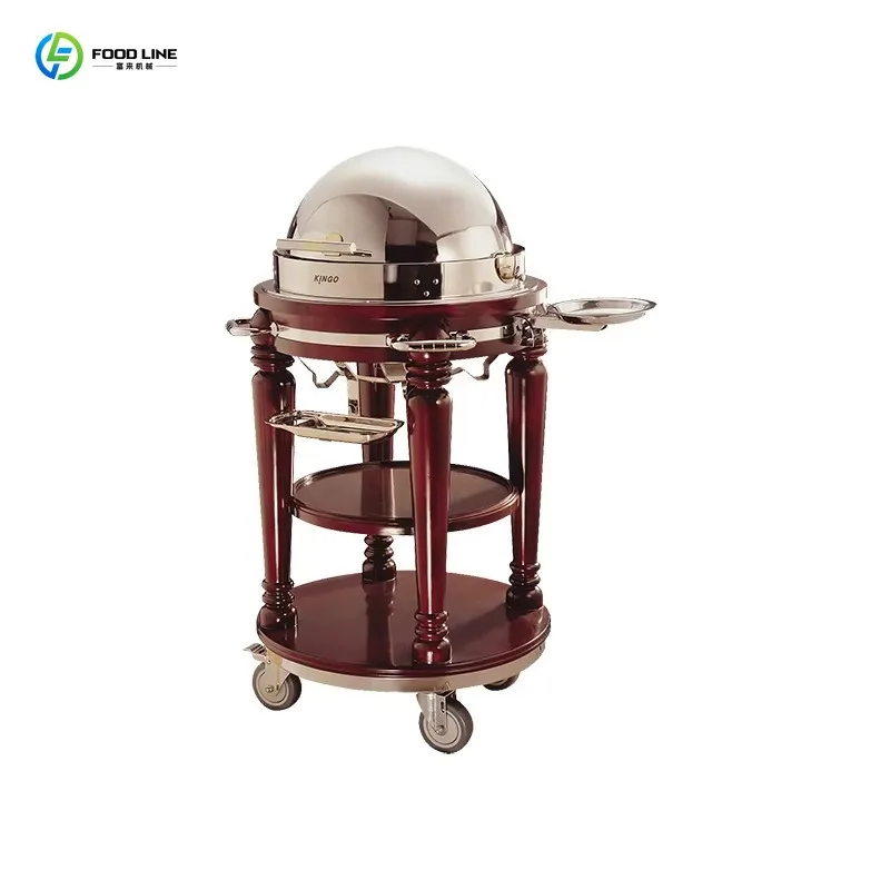 Customized Hotel Restaurant 304 Stainless Steel Round Buffet Cart Mobile Food Serving Trolley with Rubber Wood for Serving