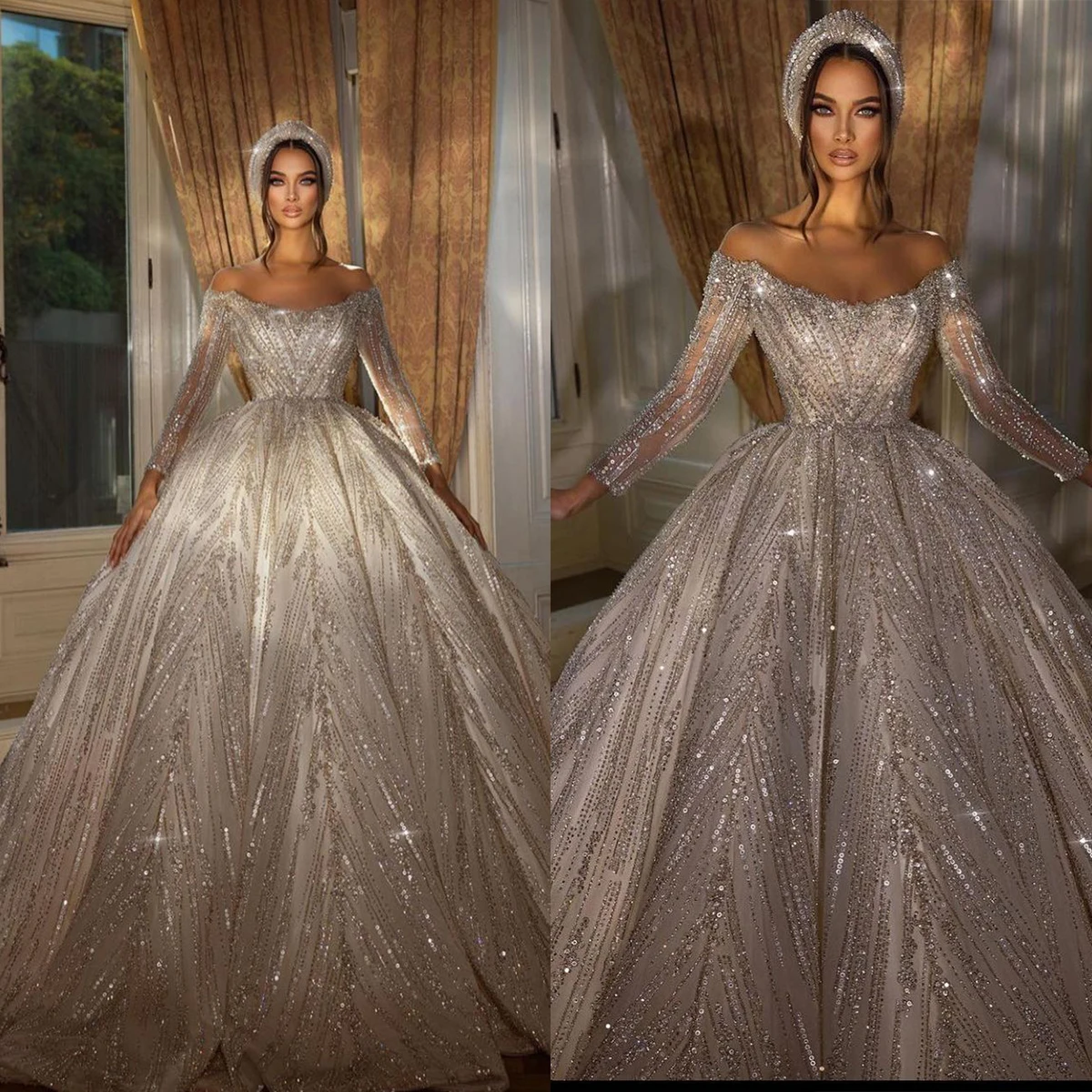 Gorgeous Ball Gown Wedding Dress For Women Sequins Bridal Gown O-Neck Long Sleeves Skirt Sweep Train Dresses