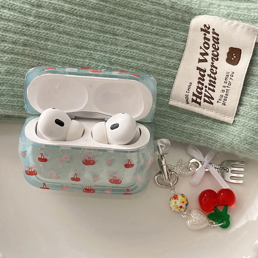 Korea INS Fresh Flower Cherry Pendant Keychain Case For Apple AirPods Pro 2nd Air Pods 4 1 3 Wavy Earphone Protective Box Cover