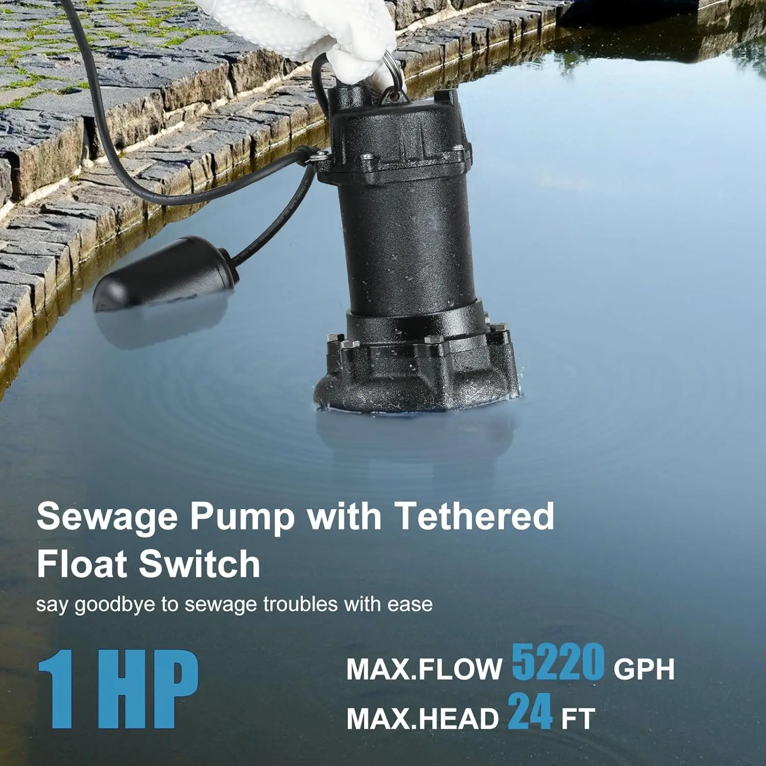 1HP Portable Cast Iron Submersible Sewage/Effluent Pump with Ajustable Automatic Float Switch, 5220GPH Sump Pump for Basement Ba