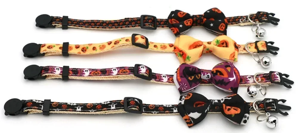 1× Halloween-Katzenhalsband mit Fliege, Glocke, Kürbis-, Totenkopf- und Geistermustern, Sicherheitsverschluss, verstellbares Katzenzubehör für Haustiere – Detail 8