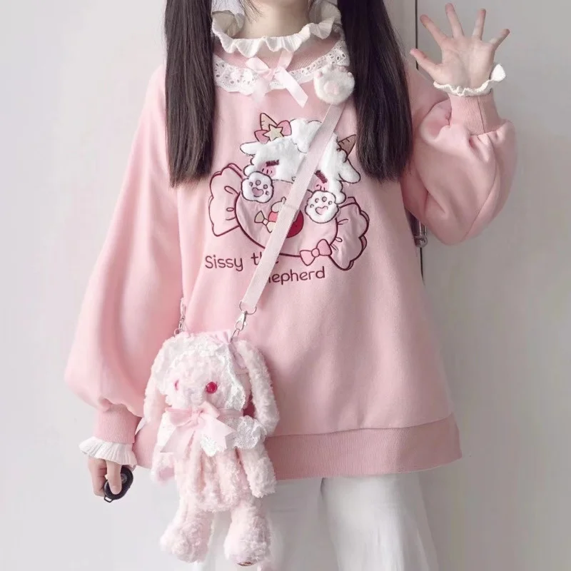 2025 Lente Vrouwen Kant Hals Leuke Hoodies Harajuku Kawaii Sweatshirt Lolita Meisje Roze Trui Lam En Snoep Borduren Sudadera