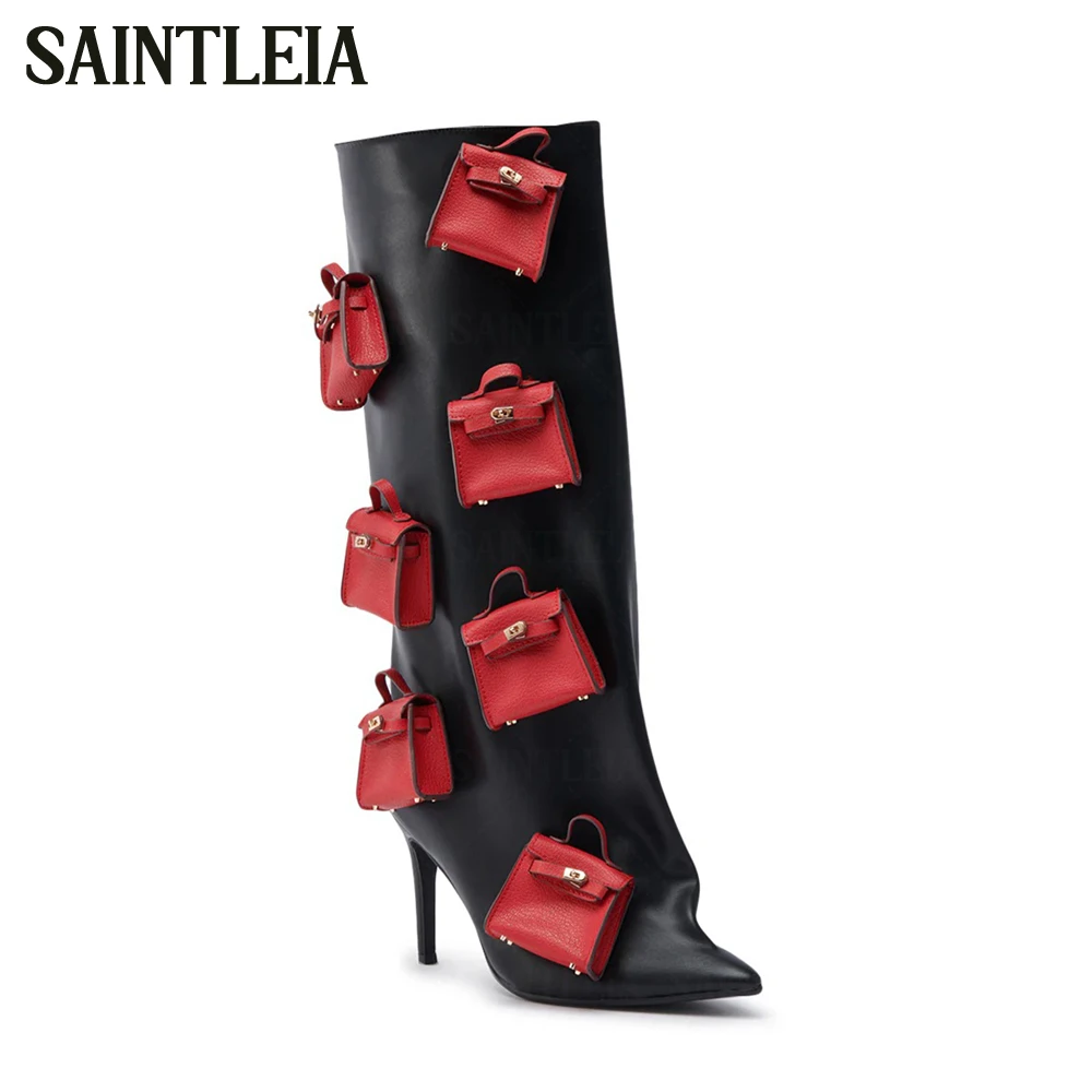Red Purse Pendants Leather Knee Boots Sculptural Pointed Knee High Shaft Stiletto Boots Fashion Style Handmade Black Purse Boots