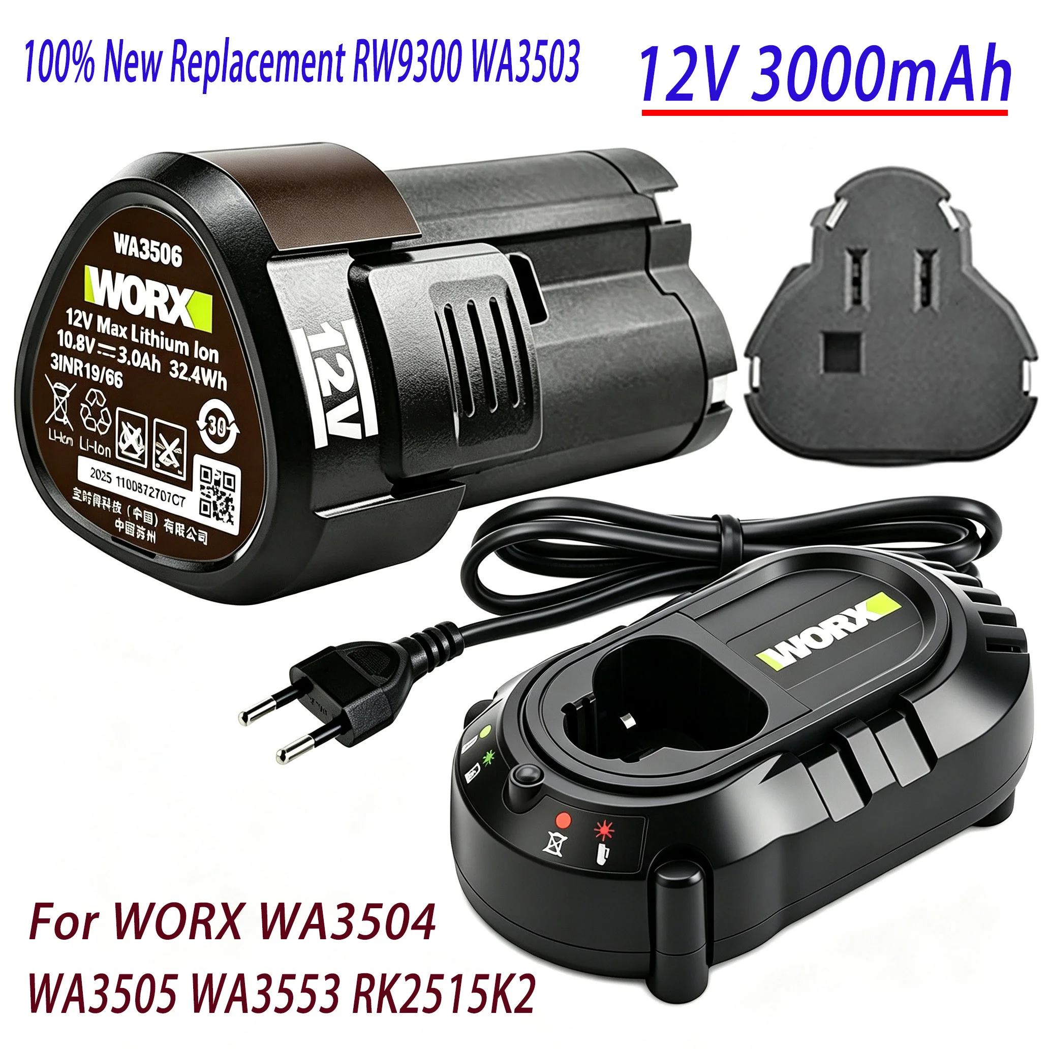Image of 100 % neuer 12 V 3000 mAh RW9300 WA3503 Ersatz-Li-Ionen-Akku für Worx WA3504 WA3505 WA3553 RK2515K2 Akku für kabellose Werkzeuge