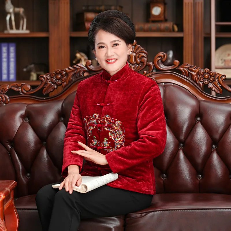 Autumn and Winter New Costume Fleece-Lined Thick Women's Clothes Top Mom Dress Banquet Birthday Performance Red