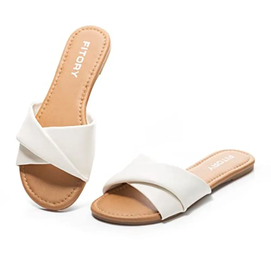 

FITORY Women's Flat Sandals Fashion Slides With Soft Leather Slippers for Summer Size